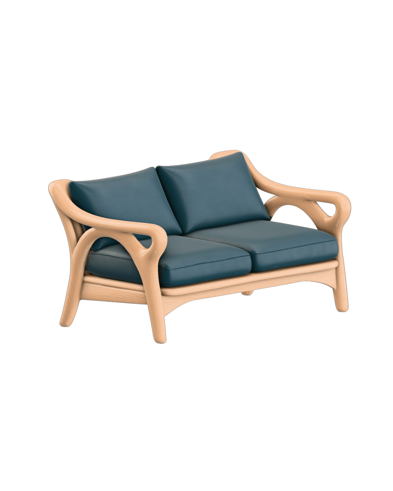 Natural wood and teal upholstered seating retextured by Meshy
