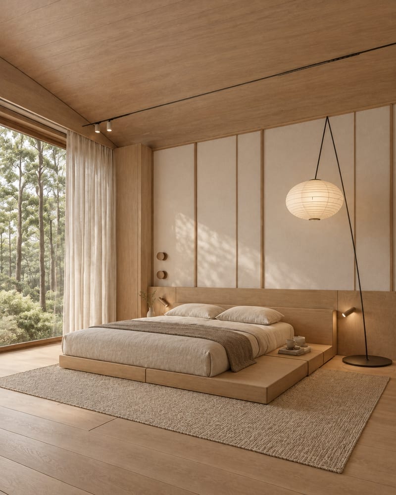 A warm wood bedroom with a paper lantern and forest views, from Change Interior Room Style.