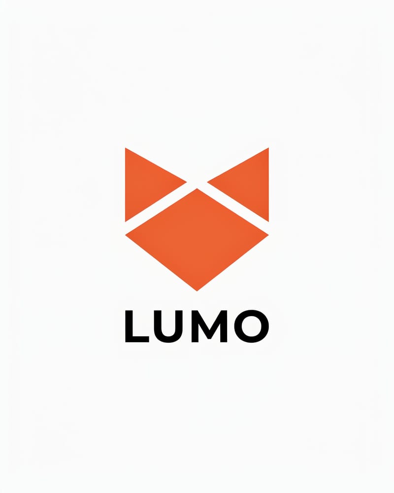 Minimal flat vector icon of a geometric tangerine fox head built from triangles above the bold black wordmark LUMO on a white background