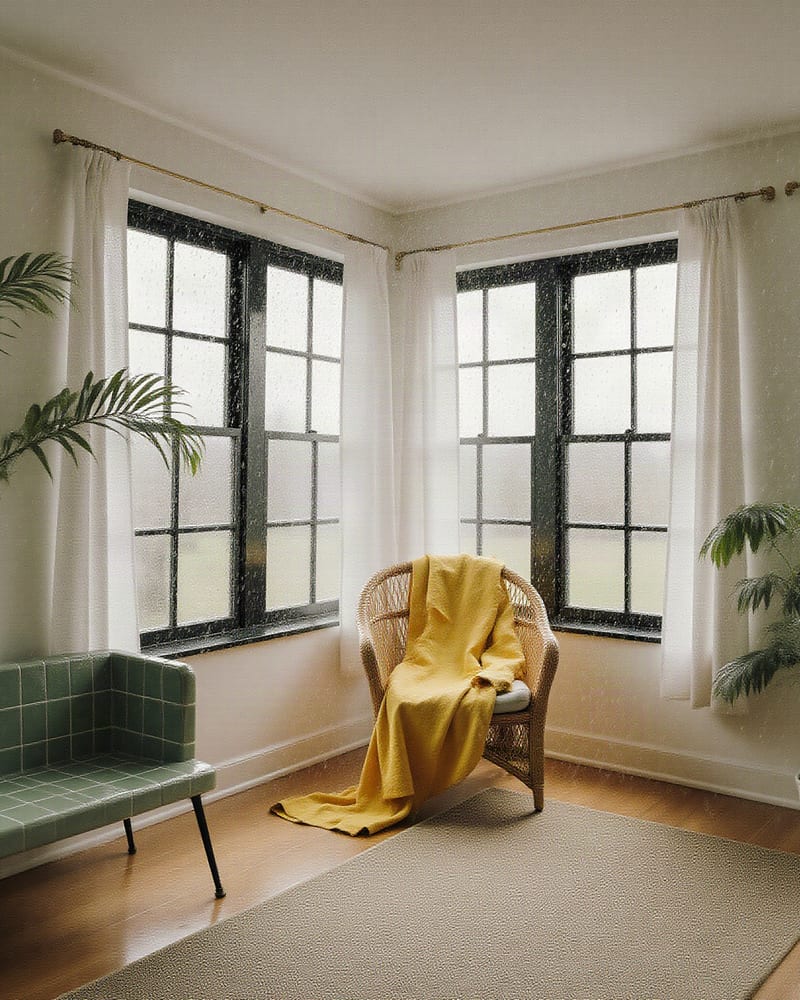 Sunroom on a rainy morning with black-framed corner windows, a celadon tiled bench, white curtains and a yellow raincoat on a rattan chair