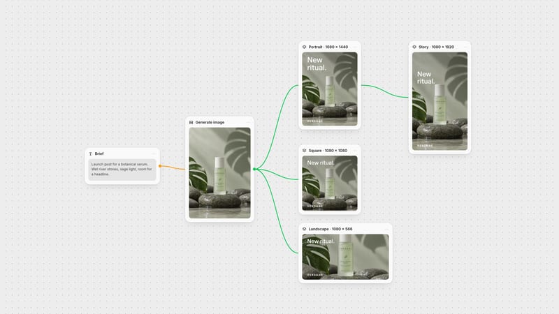 Fuser canvas: one generated serum photo composed into Instagram portrait, square, landscape and story formats at exact pixel sizes.