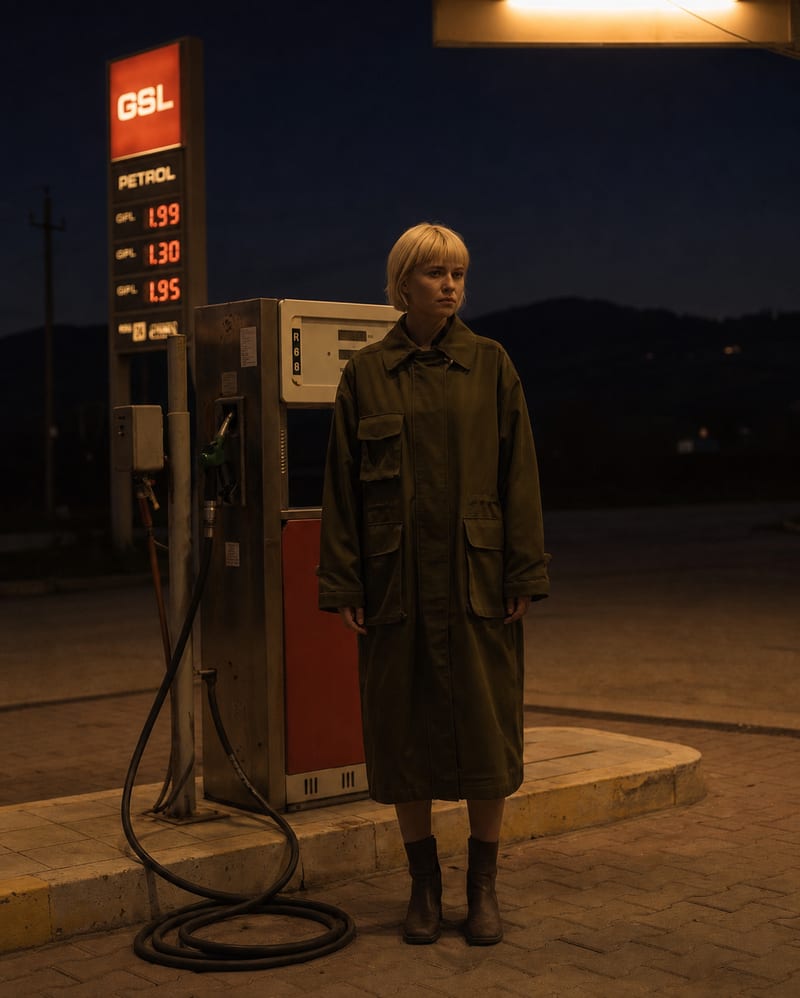 Cinematic night portrait at a lone petrol pump