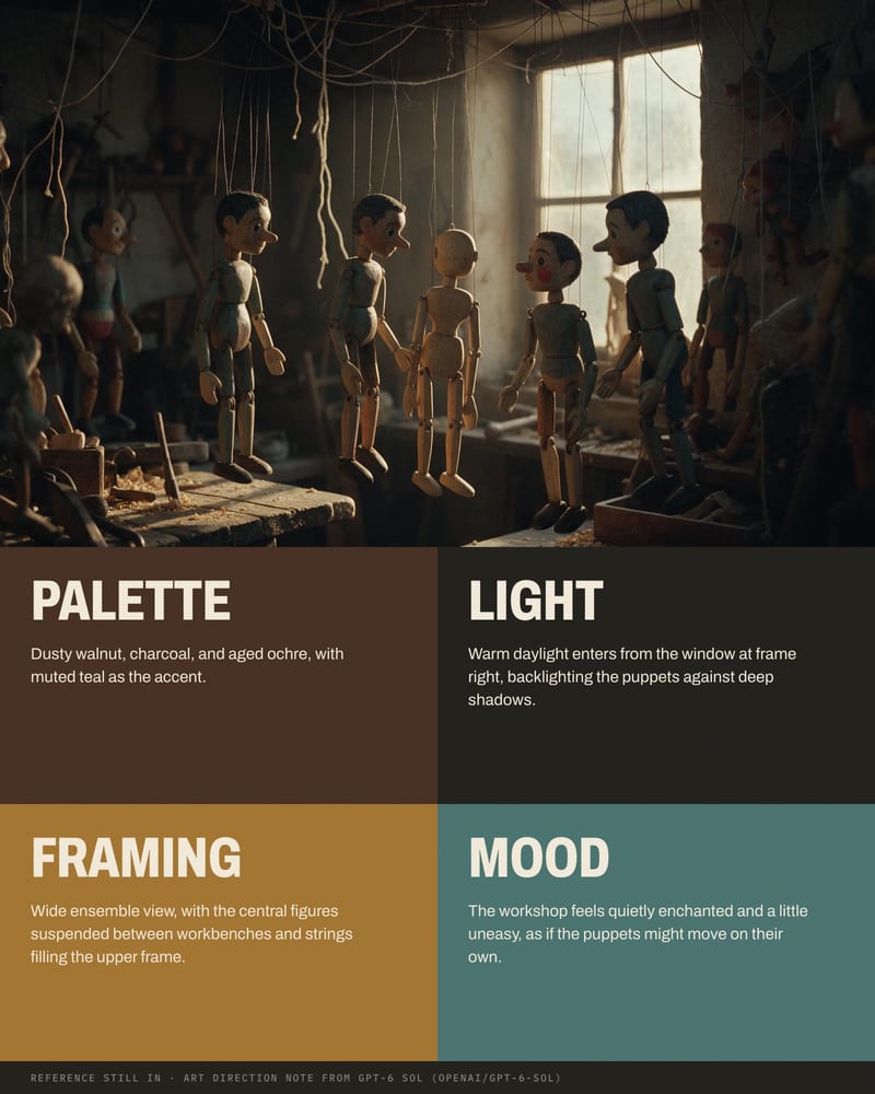 Dim marionette workshop with one unpainted puppet among painted ones, above GPT-6 Sol's palette, light, framing and mood note