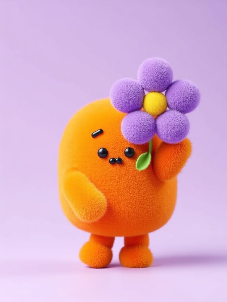 Orange plush mascot holding a lavender flower, generated with FLUX.1 Dev using the softies! LoRA style adapter.