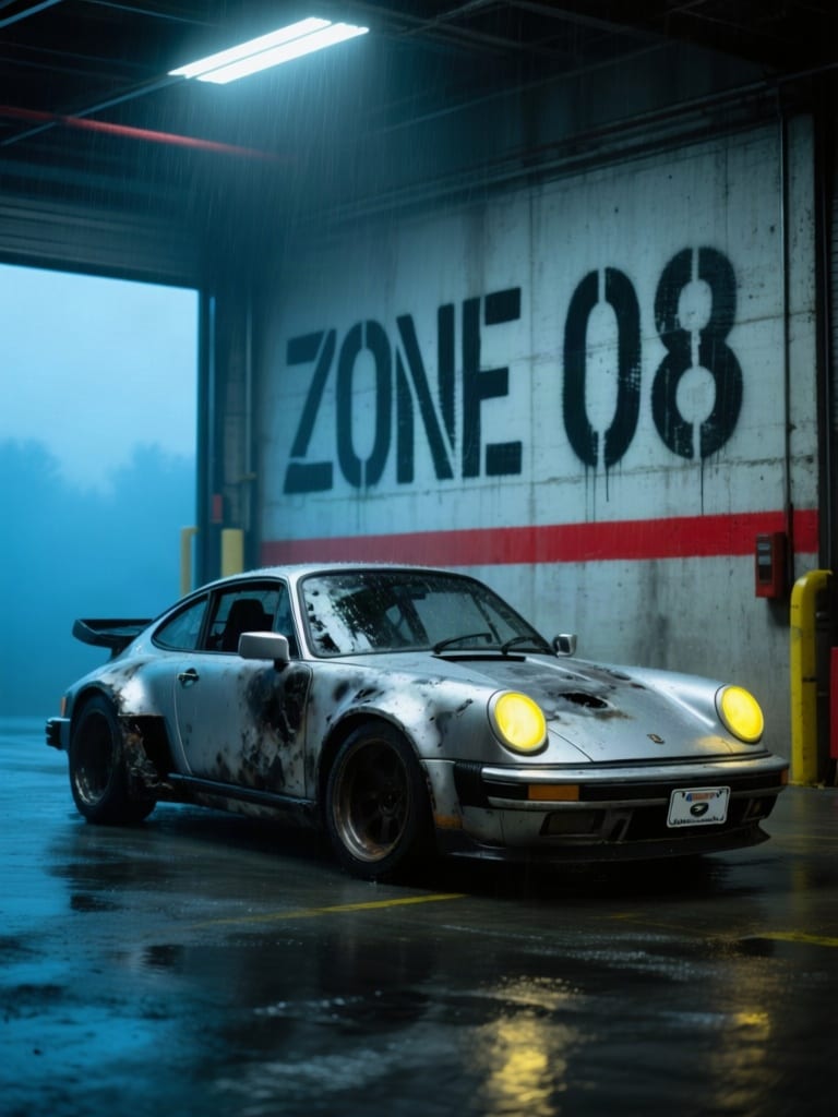 Silver sports coupe in a rain-soaked industrial bay beneath ZONE 08 wall lettering.