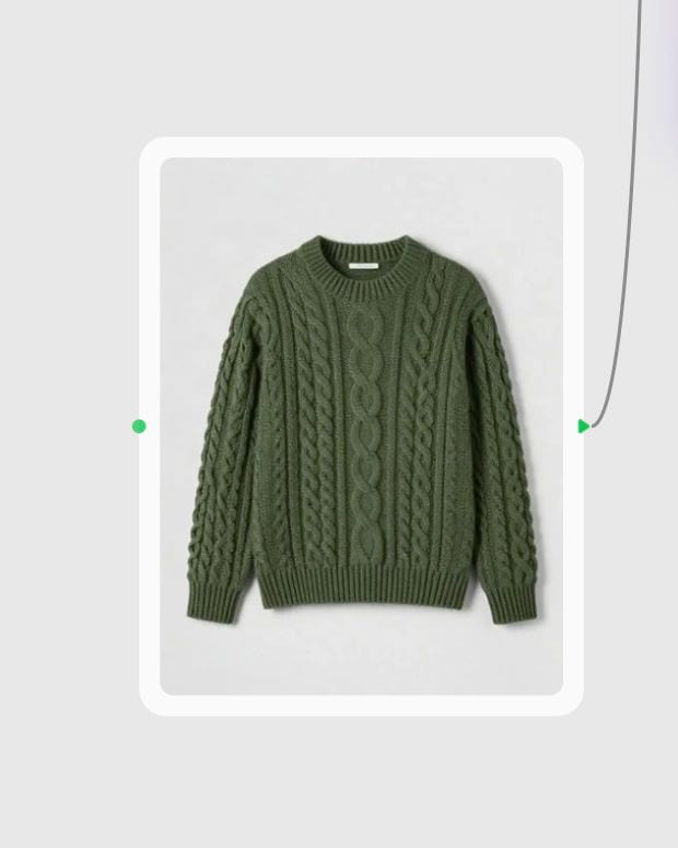 Close-up of the dedicated green cable-knit sweater in a connected Image node in Fuser.