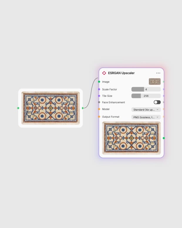 Real Fuser canvas connecting the dedicated ceramic mosaic source to ESRGAN Upscaler.