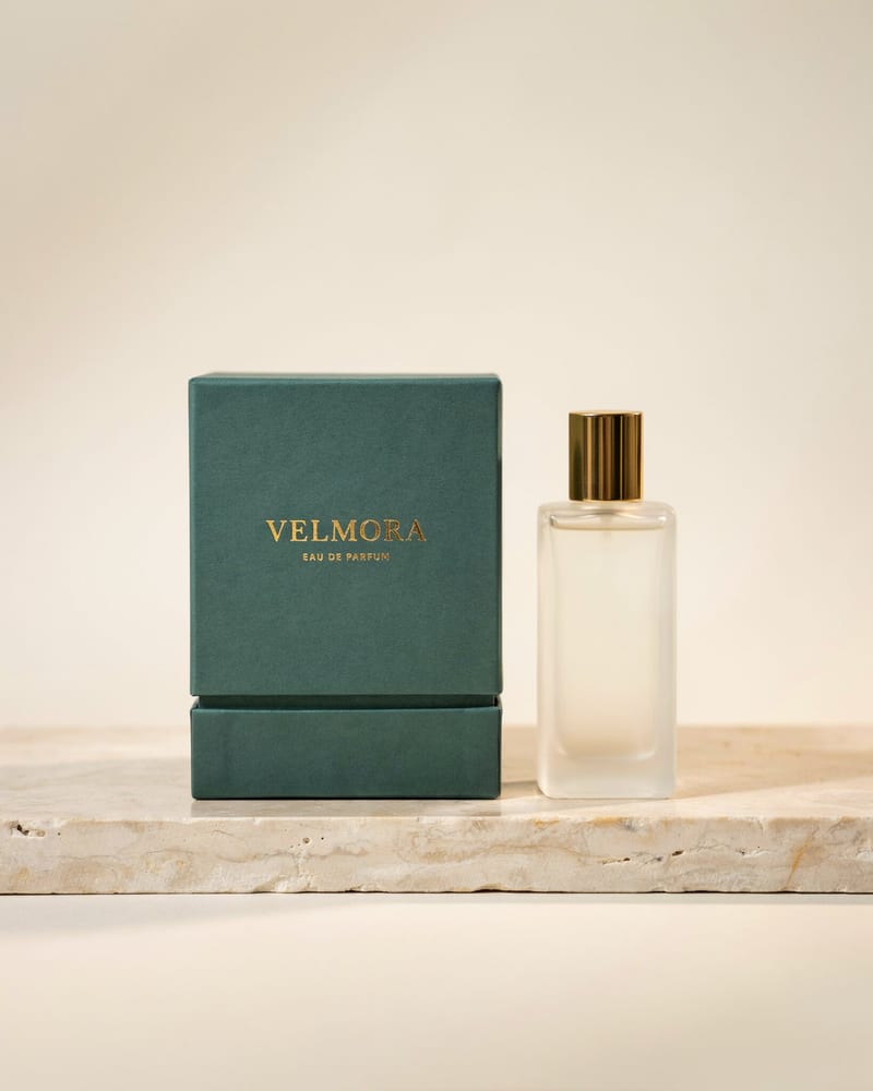 Deep green gift box foil-stamped in gold with VELMORA and EAU DE PARFUM beside a frosted perfume bottle with a gold cap on a travertine slab