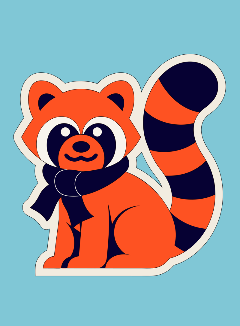 Preview of an original Recraft SVG red panda mascot with a navy scarf and planar orange fills.