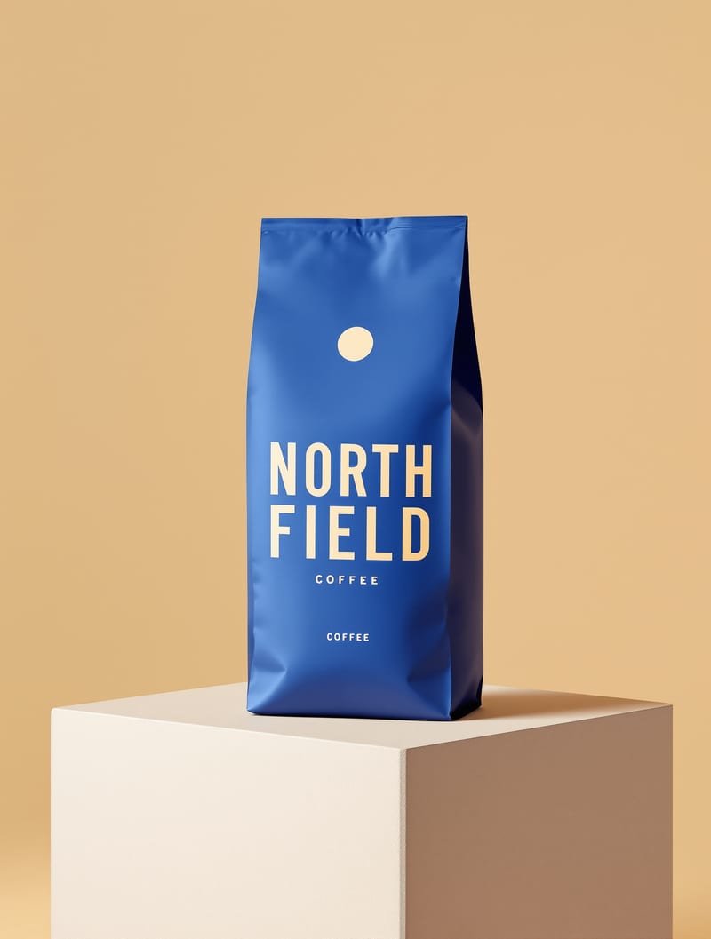Cobalt coffee packaging with clear cream NORTH FIELD and COFFEE lettering.