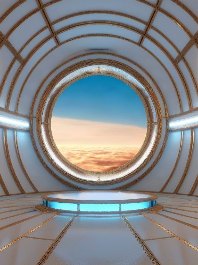 Circular science-fiction observatory window surrounded by concentric metal rings and cyan lighting.