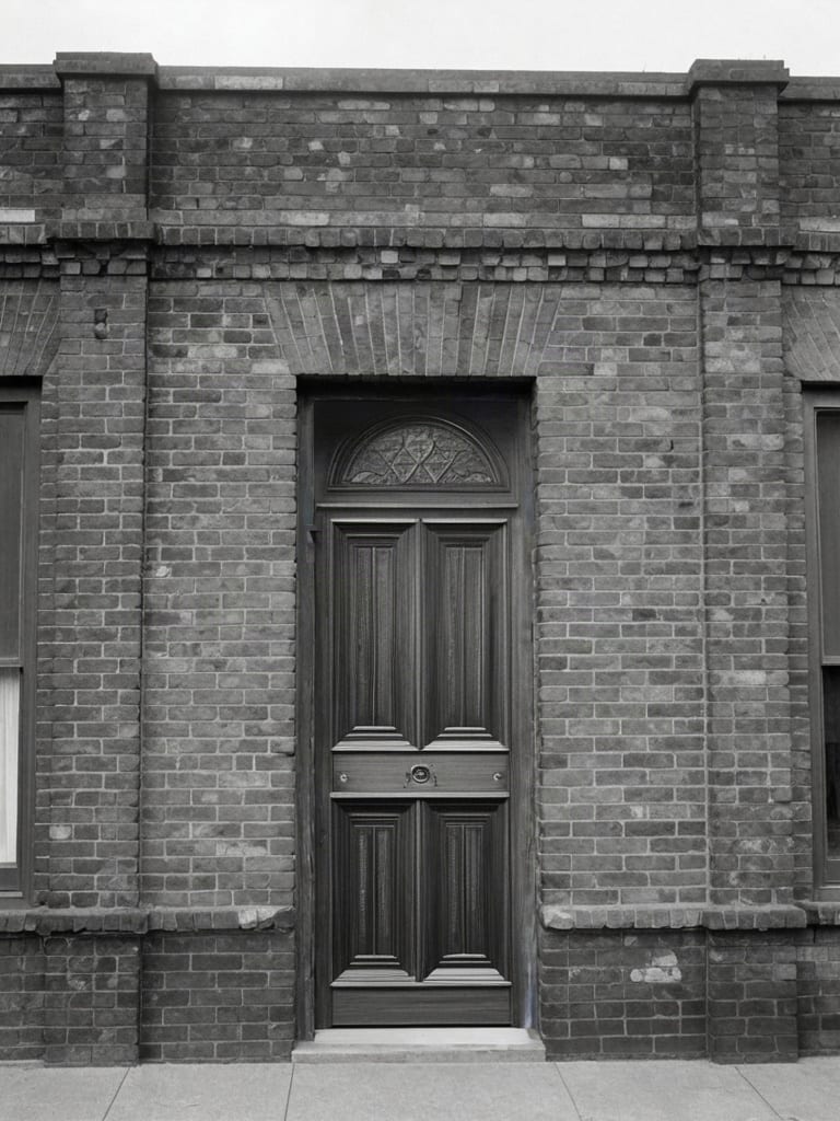 SDXL Inpainting restores a detailed paneled wooden door in an archival-style monochrome storefront photograph.