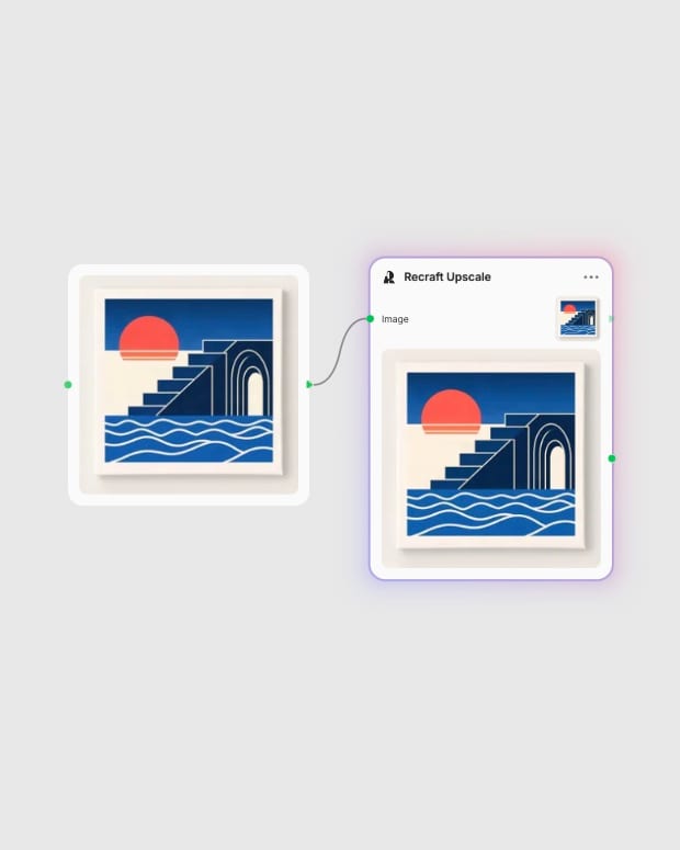 Actual Fuser canvas connecting a dedicated source artwork to Recraft Upscale.
