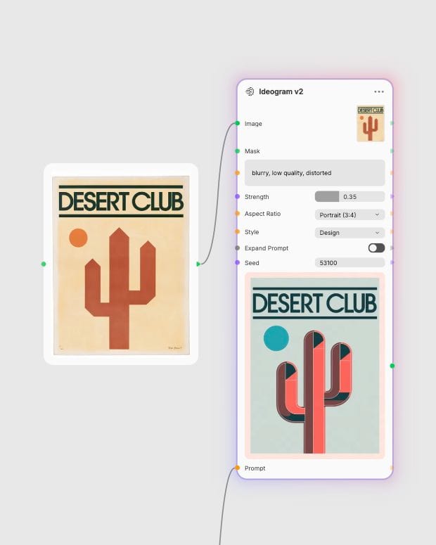 Original cactus poster connected to Ideogram v2 in Fuser, with strength 0.35 and the restyled poster result.