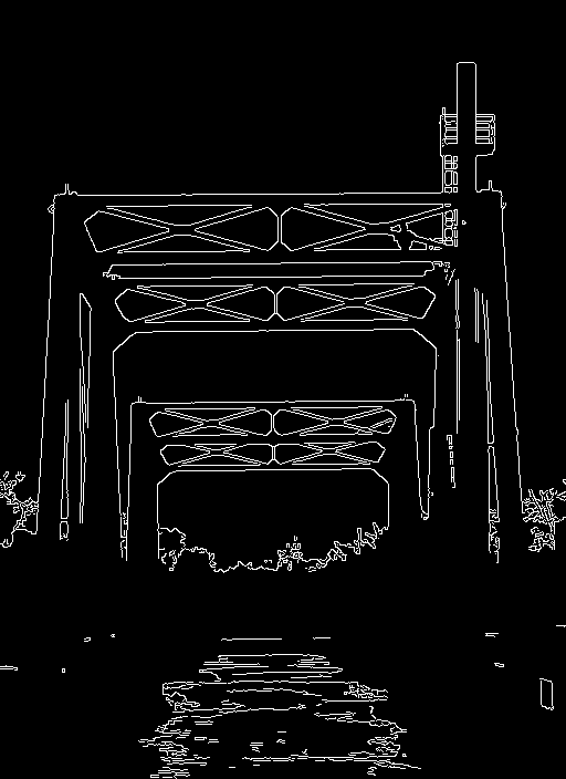 Actual Canny edge map of a steel drawbridge with angular truss silhouettes.
