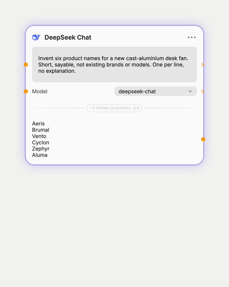 DeepSeek Chat node showing its Model dropdown, a prompt for desk-fan names and the six names it returned