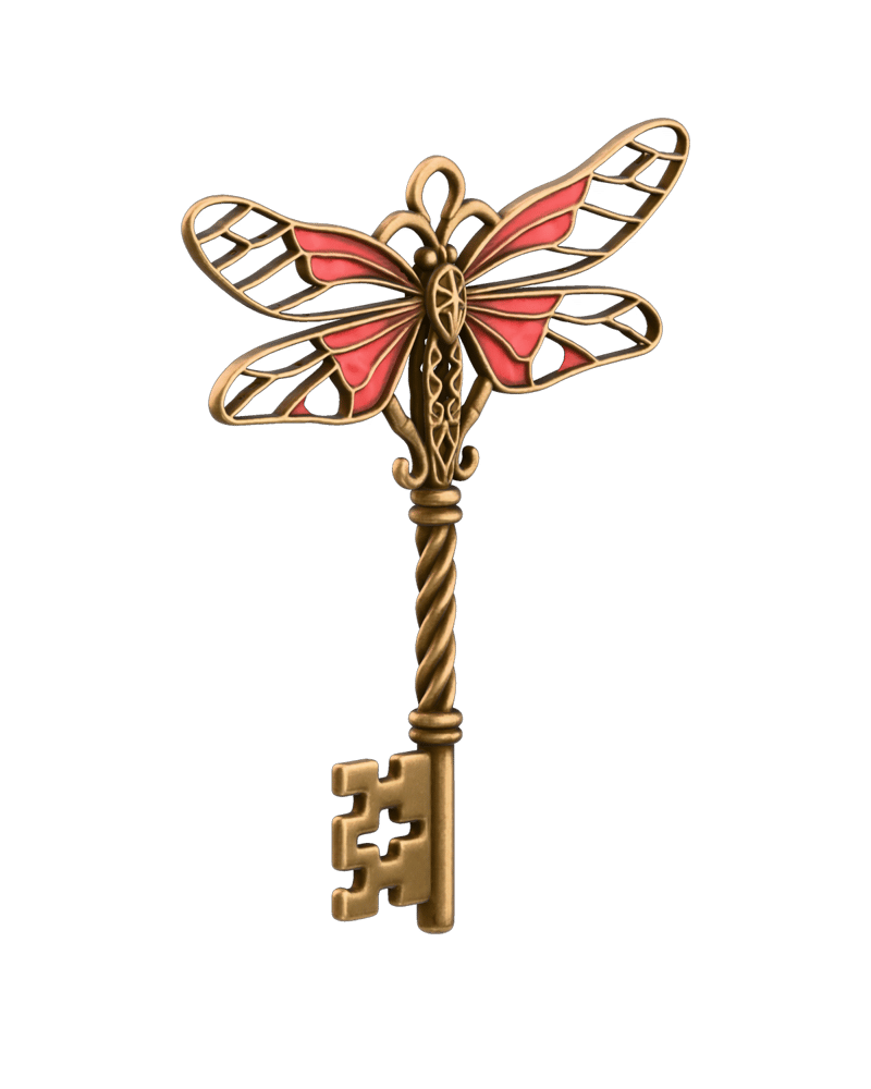 original stylized brass dragonfly winged key fantasy prop, open lattice wings, coral enamel details — rendered from a native trellis-2 3D generation