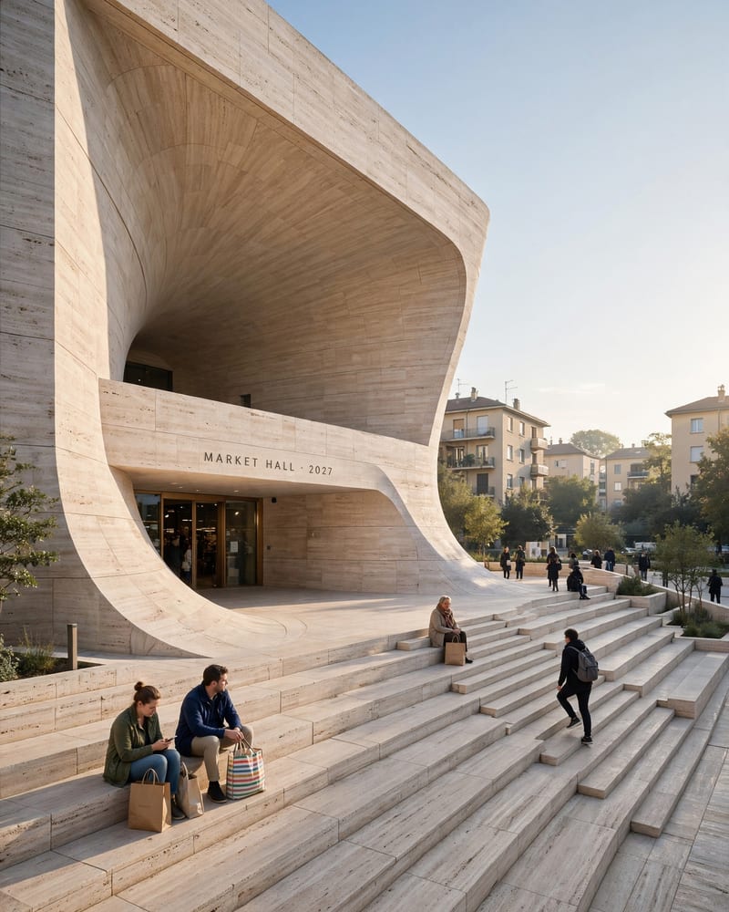 Architectural concept of a travertine market hall whose concave facade folds into broad public stone steps, inscribed MARKET HALL · 2027