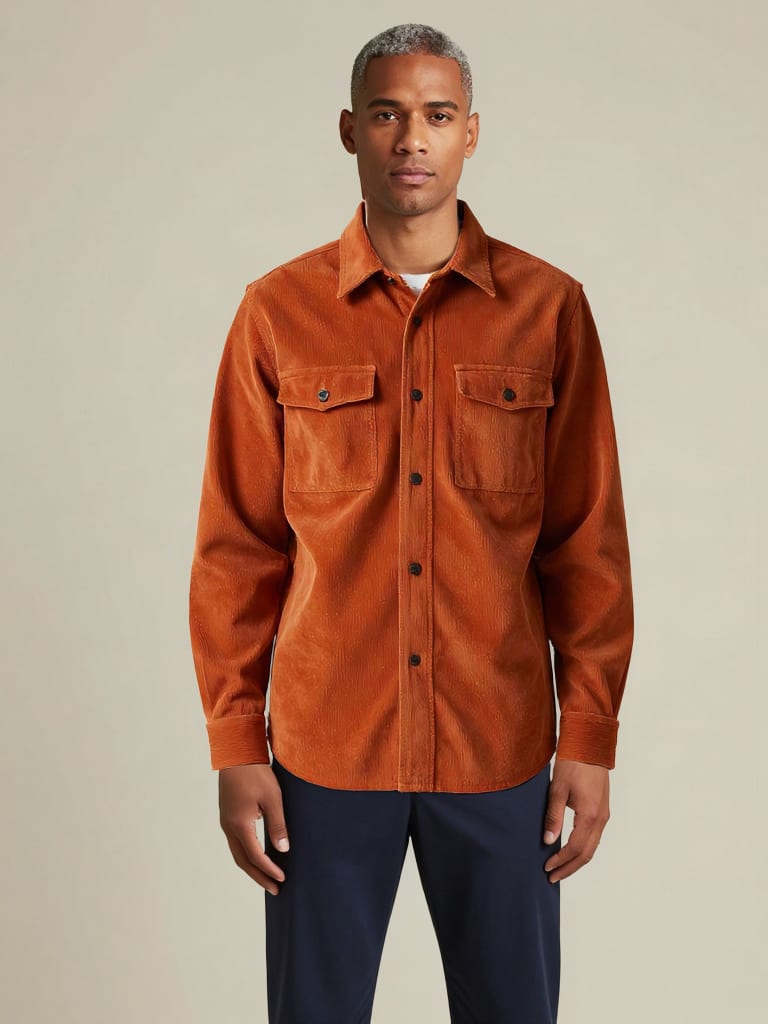Fashn Tryon transfers a burnt-orange corduroy overshirt from an on-model garment reference to a different model.