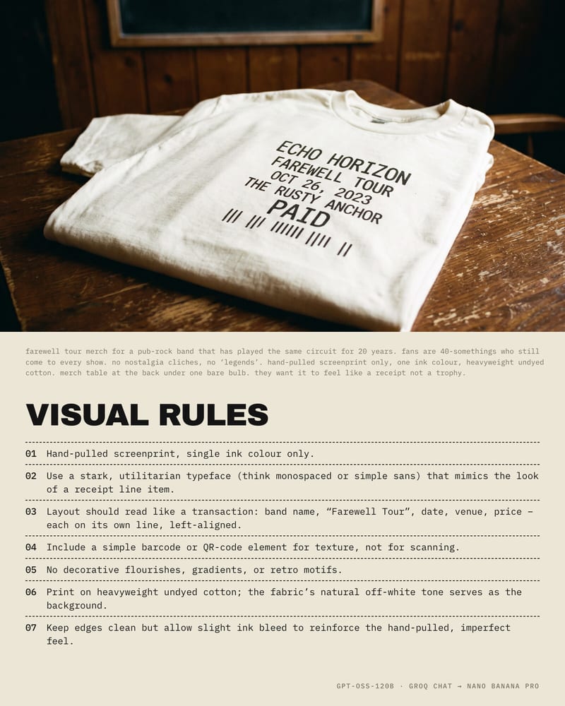 Folded farewell-tour T-shirt printed like a receipt on a pub table, above the merch notes and the brief's seven numbered visual rules