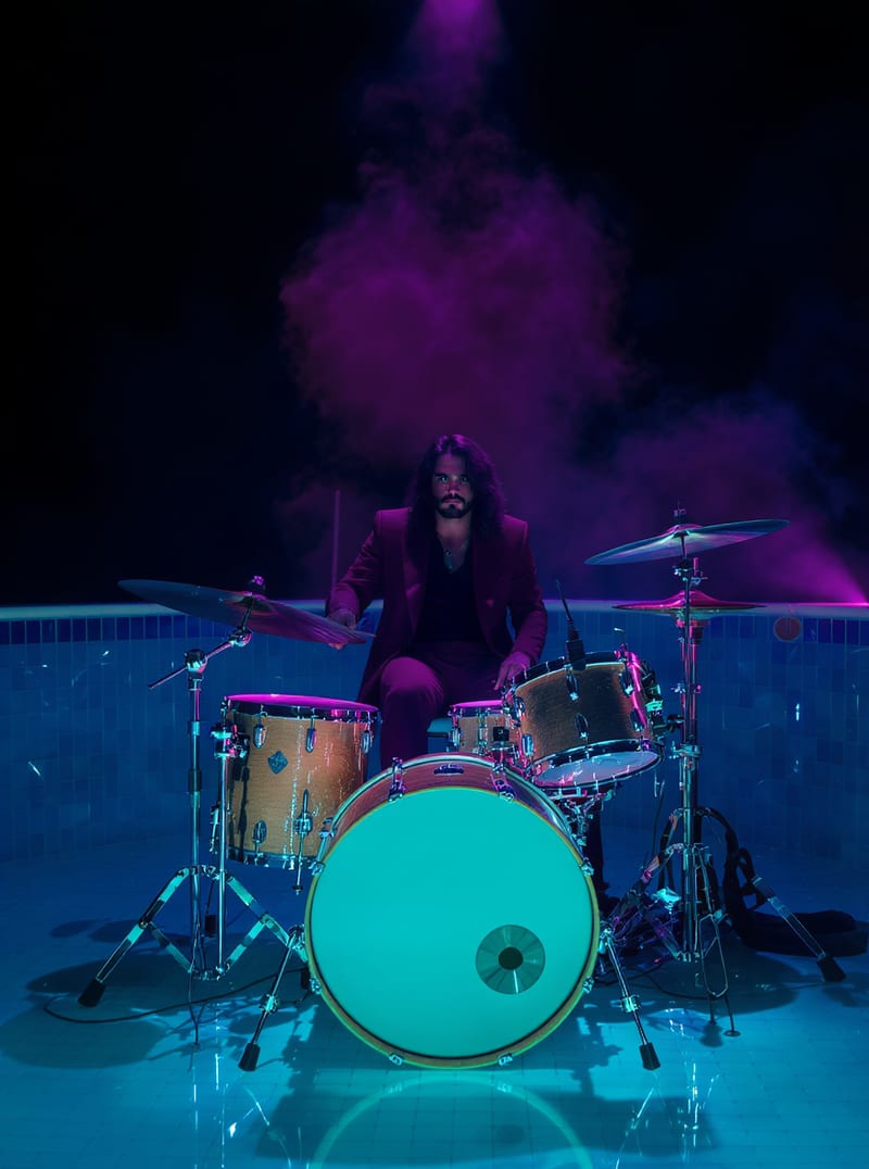 Drummer in an empty swimming pool under cobalt and magenta stage lighting.
