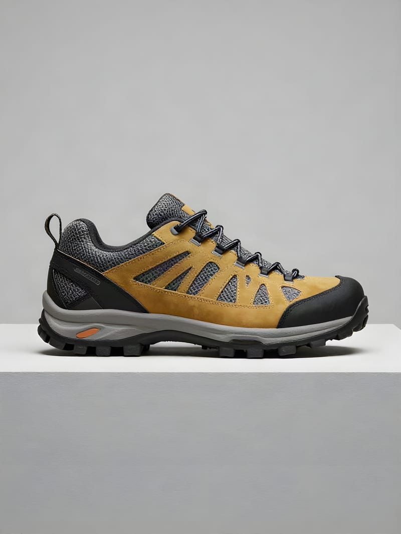 Ochre hiking shoe with suede, mesh and rubber edge details, upscaled by ESRGAN.