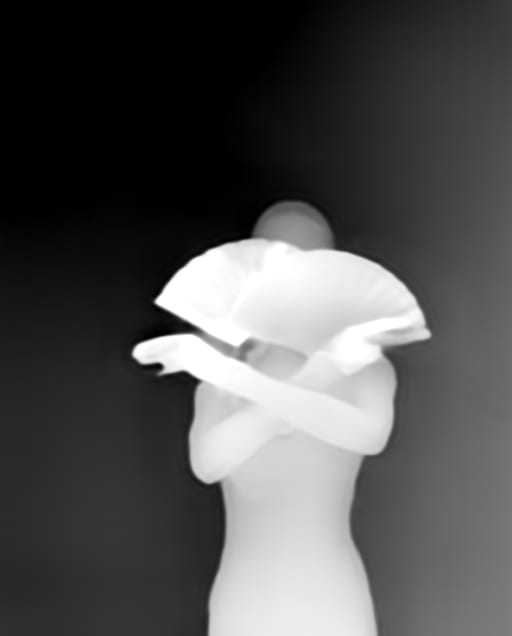 Grayscale depth map of a woman with crossed arms and two layered paper fans, arms and fans bright in front of the body