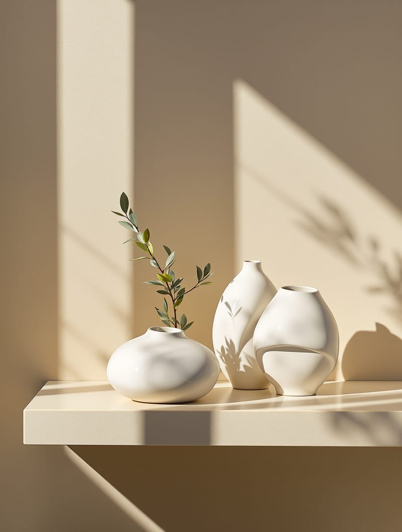 Ivory sculptural porcelain vessels and an olive branch on a sunlit stone shelf.
