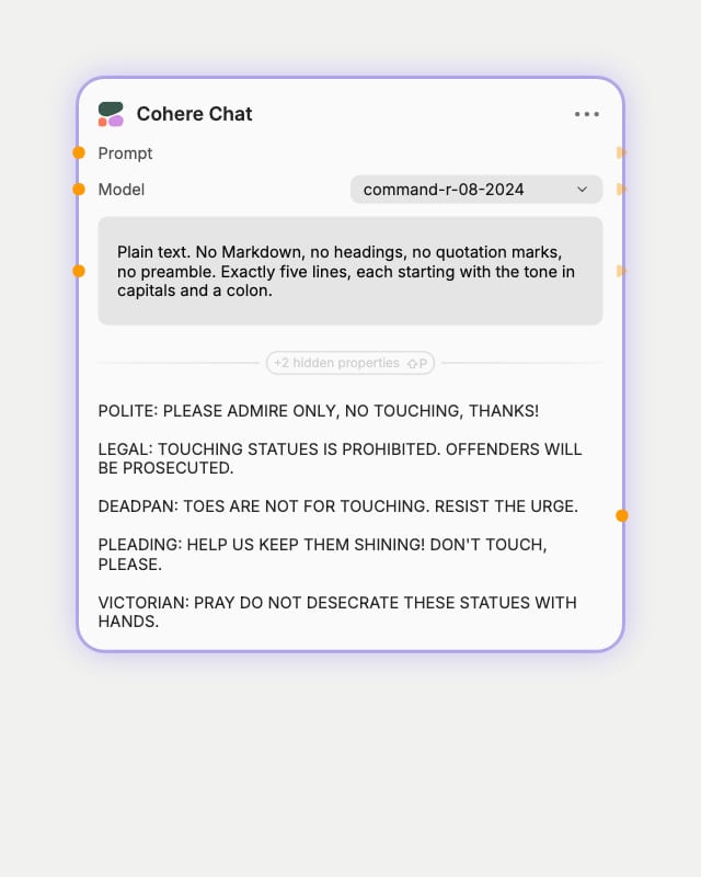Cohere Chat node set to command-r with a plain-text system prompt, returning five do-not-touch signs from polite to Victorian