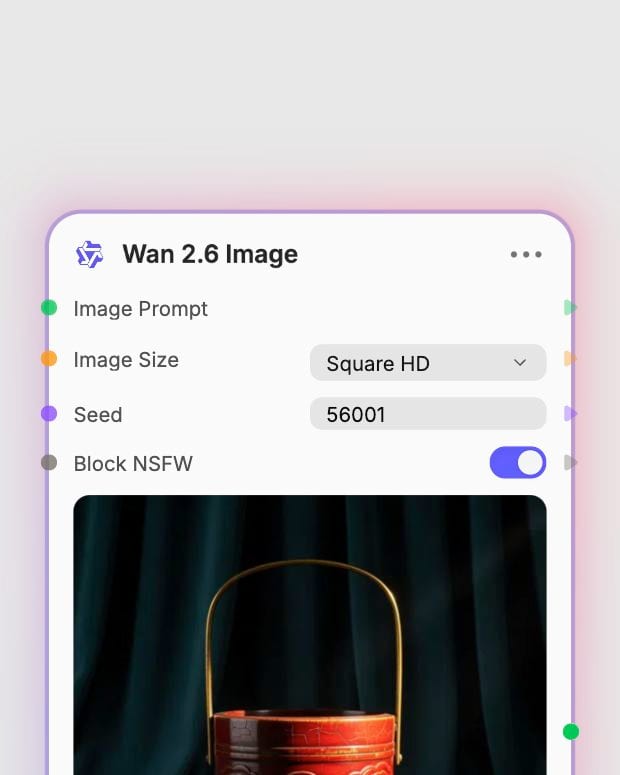 Wan 2.6 Image controls in Fuser showing Square HD size, seed and safety checking.