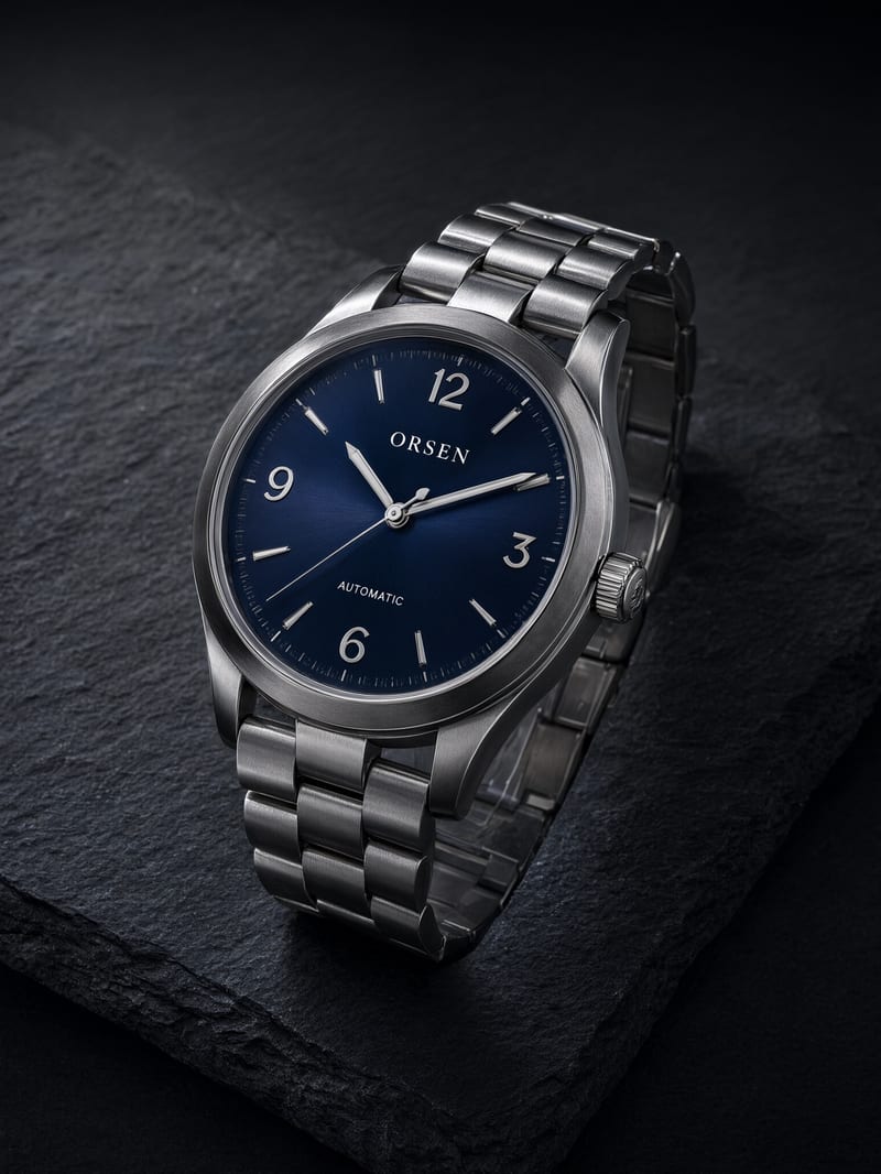 Steel wristwatch on dark slate with a navy sunburst dial showing numerals 12, 3, 6, 9 and the words ORSEN and AUTOMATIC