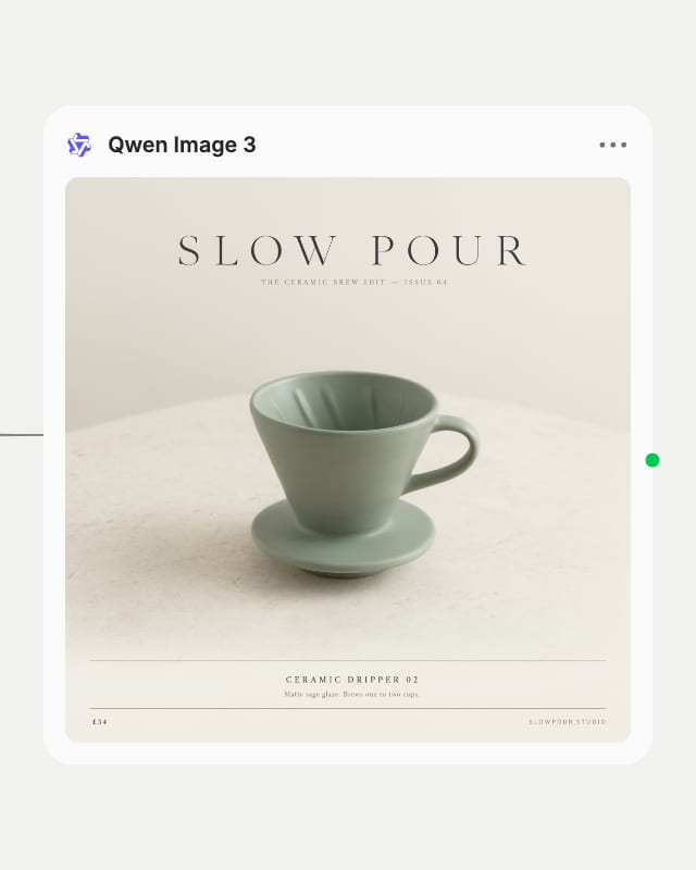 Qwen Image 3 node in Fuser showing the finished SLOW POUR product page featuring the sage ceramic dripper.