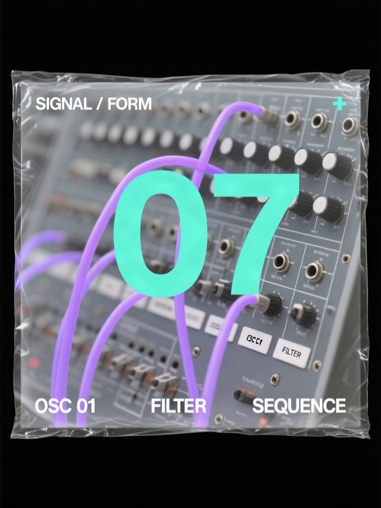 Translucent synthesizer sleeve with lavender cables, mint 07 and SIGNAL / FORM typography.