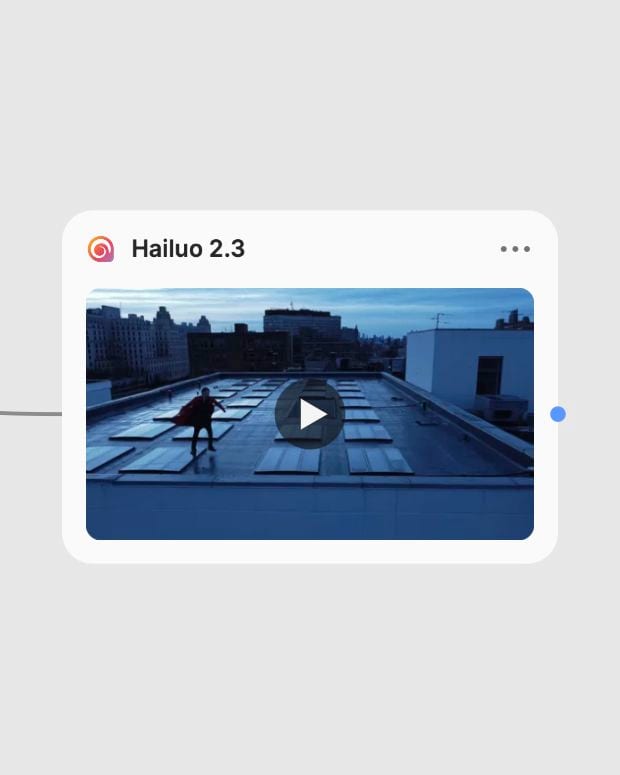 Hailuo 2.3 node displaying the native blue-hour rooftop stunt video result