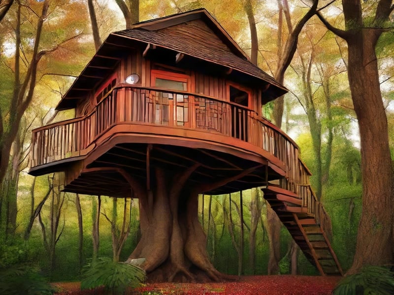 Wooden treehouse with a wraparound balcony in an autumn forest, generated from the expanded Treehouses prompt.