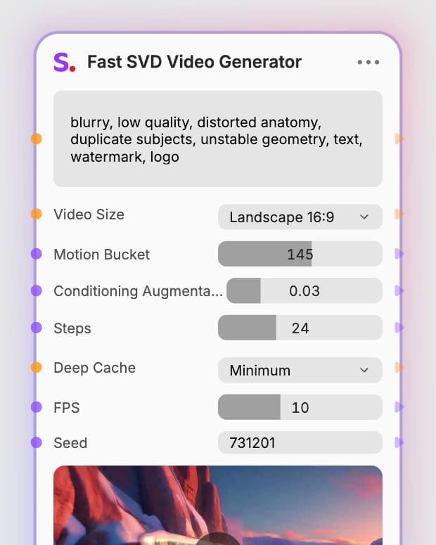 Fast SVD configured for landscape video with motion bucket 145, 24 steps, minimum deep cache, and 10 frames per second.