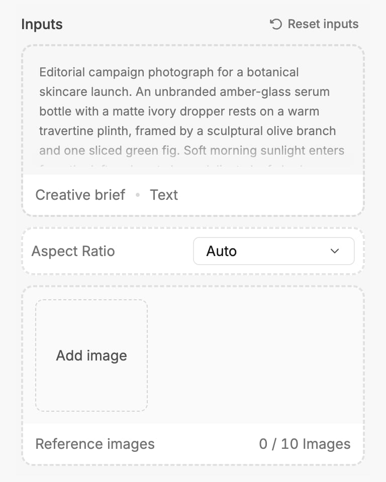 Recipe preview controls for the creative brief, aspect ratio, and reference images