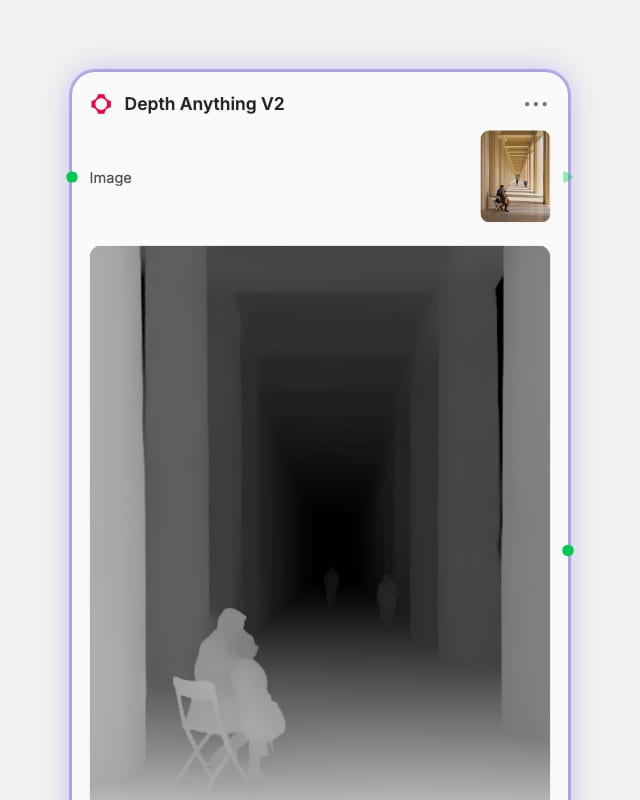 Depth Anything V2 node selected, its Image input holding the colonnade photo above the grayscale depth output