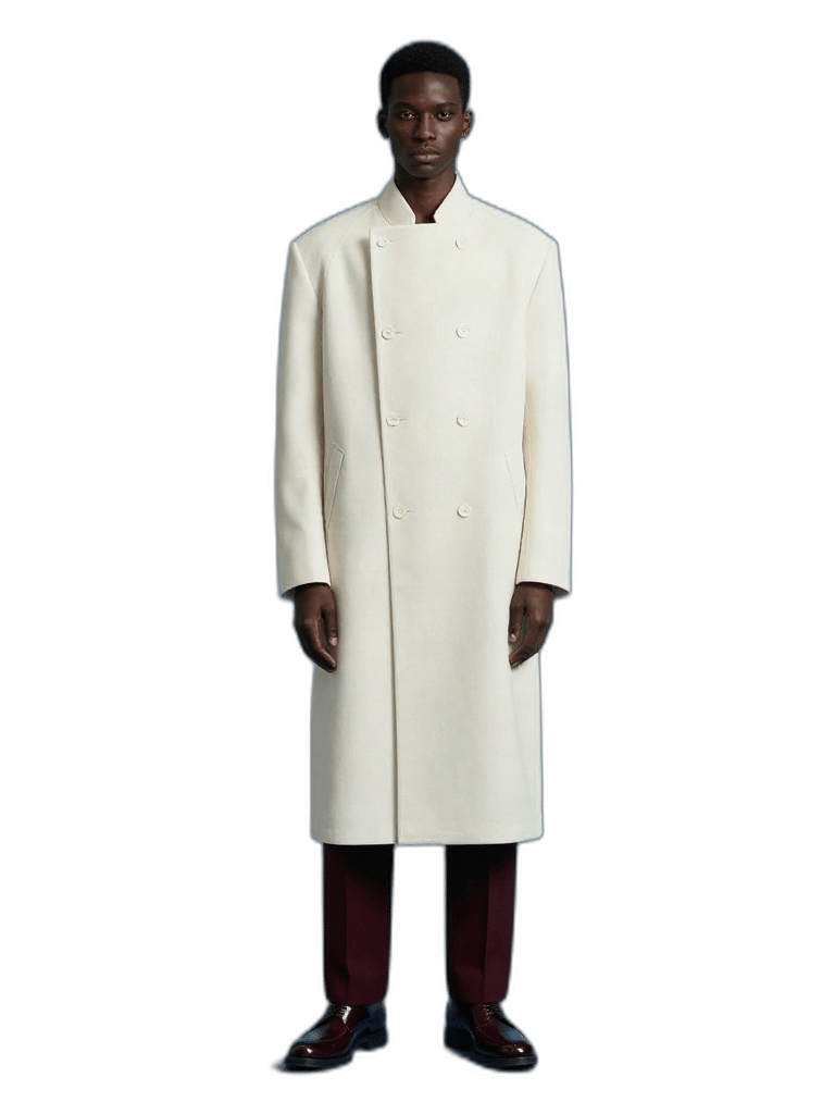 Full-length male fashion model in an ivory coat and burgundy trousers isolated on transparency.