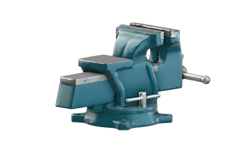 hard-surface petrol-blue workshop bench vise with silver screw and crisp machined jaws — rendered from a native trellis-2 3D generation
