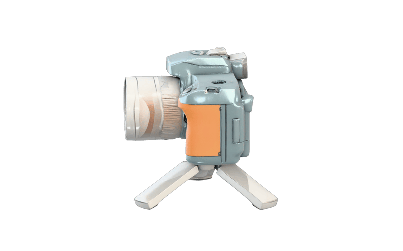 asymmetric industrial compact surveying camera on a short three-foot stand, teal body with orange side grip, large silver front lens — rendered from a native tripo-3d 3D generation