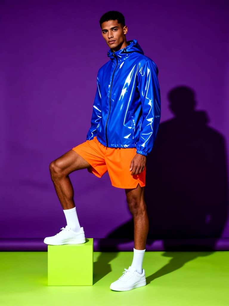 Sportswear editorial with a cobalt jacket, orange shorts and lime-green platform against purple.