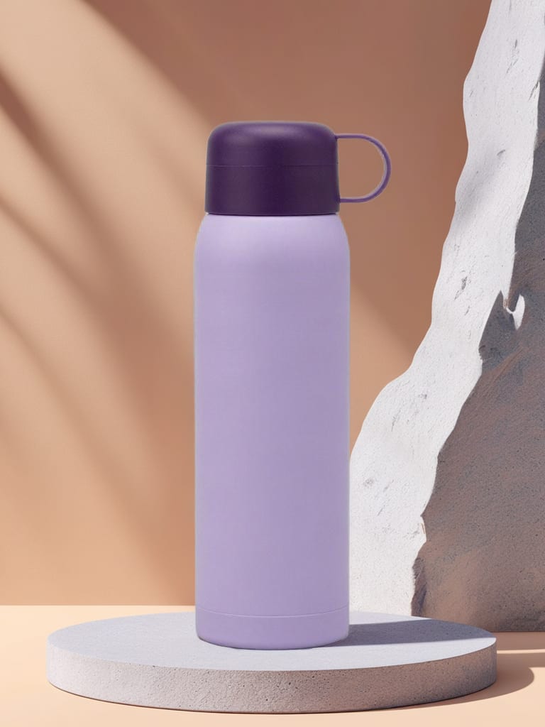Lilac flask staged on a pale lavender platform against warm sand-colored surfaces.