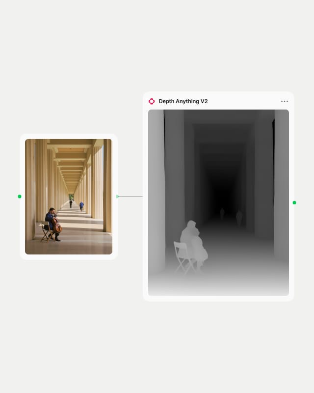 Depth Anything V2 node with a photo of a cellist under a long colonnade wired in, showing its grayscale depth map
