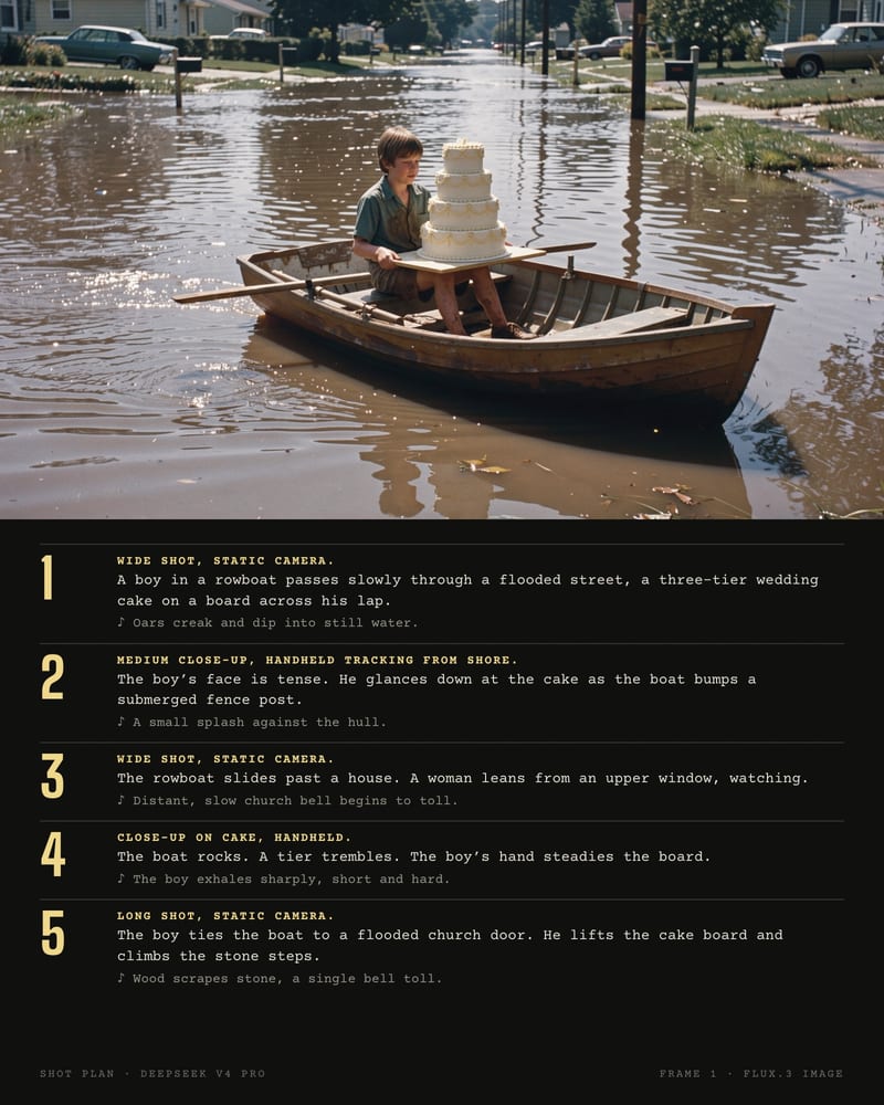 Super 8 style frame of a boy rowing a three-tier wedding cake down a flooded street, above a five-shot plan by DeepSeek V4 Pro