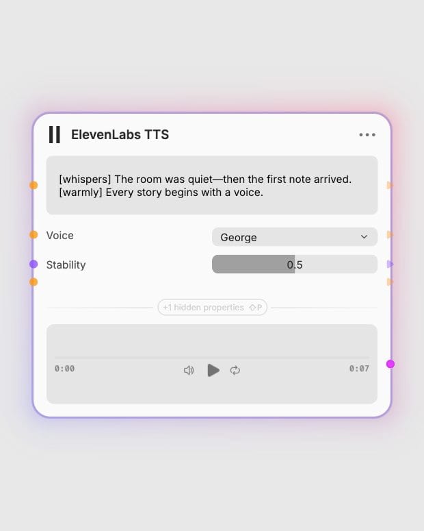 ElevenLabs TTS: Tune voice and stability. Real local Fuser canvas capture.