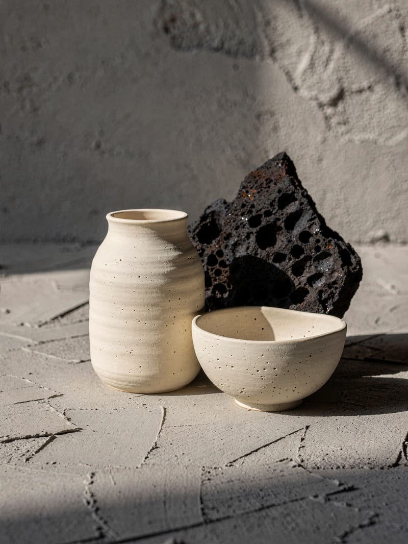 Ceramic vessel and bowl with scorched basalt in a minimalist FLUX.2 Pro still life