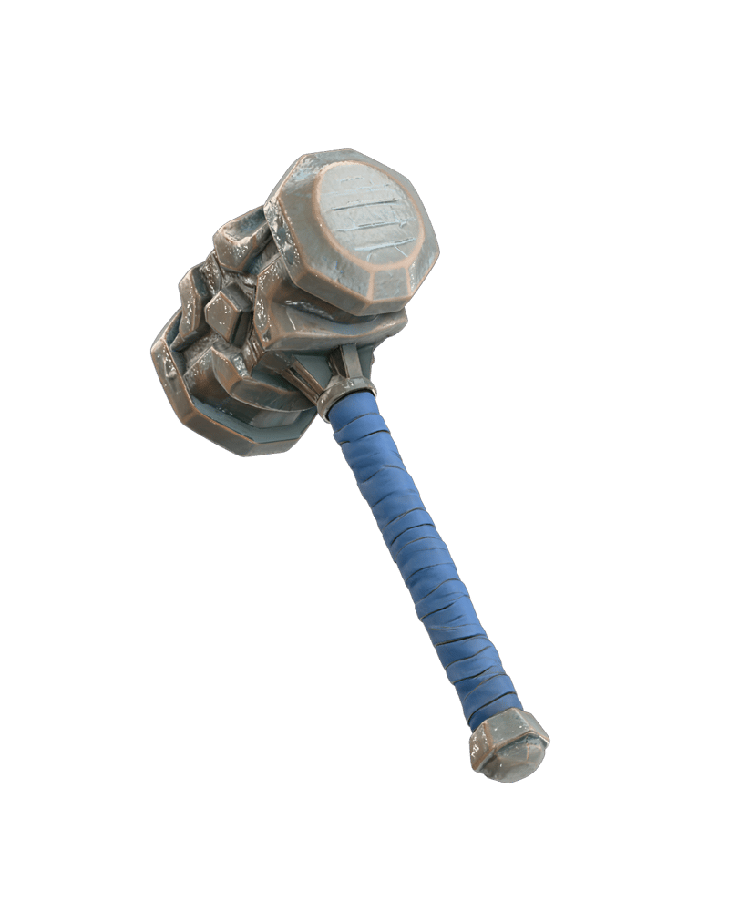 fantasy ceremonial weathered battle hammer prop, oxidized bronze geometric head, blue wrapped grip, blunt sculptural silhouette — rendered from a native tripo-3d 3D generation