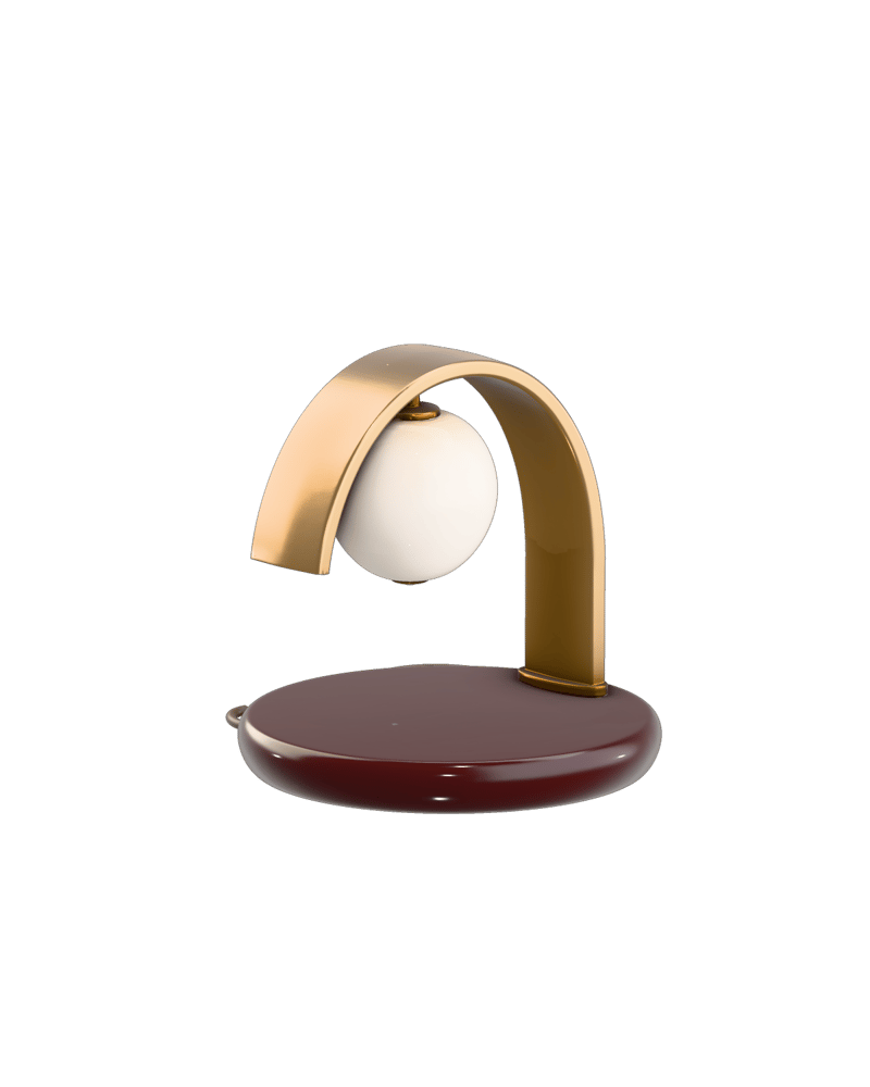 Sculptural gold arch lamp with ivory globe and burgundy base, generated with Hunyuan3D V3.