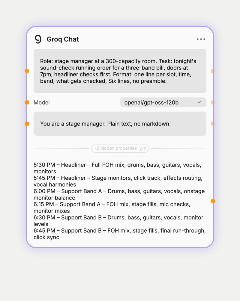 Groq Chat node with a role, task and format brief, a stage-manager system prompt and the six-slot sound-check order it returned